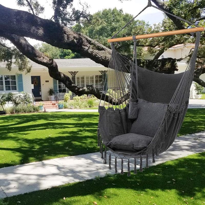 XXL Hammock Chair Macrame Hanging Rope Swing Seat w Side Pocket, Includes Drink Holder 2 Cushions Carry Bag All Hanging Hardware for Patio Bedrooms Indoor Outdoor (Grey)