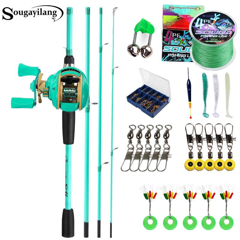 Sougayilang Fishing Gear Set, 1.8M Portable 4 Pieces Fishing Rod with 7.2:1 Gear Ratio Colorful Baitcasting Fishing Reel, New 4 Strands PE Fishing Line and Fishing Lure Kit for Freshwater, Beginner, Christmas Gift