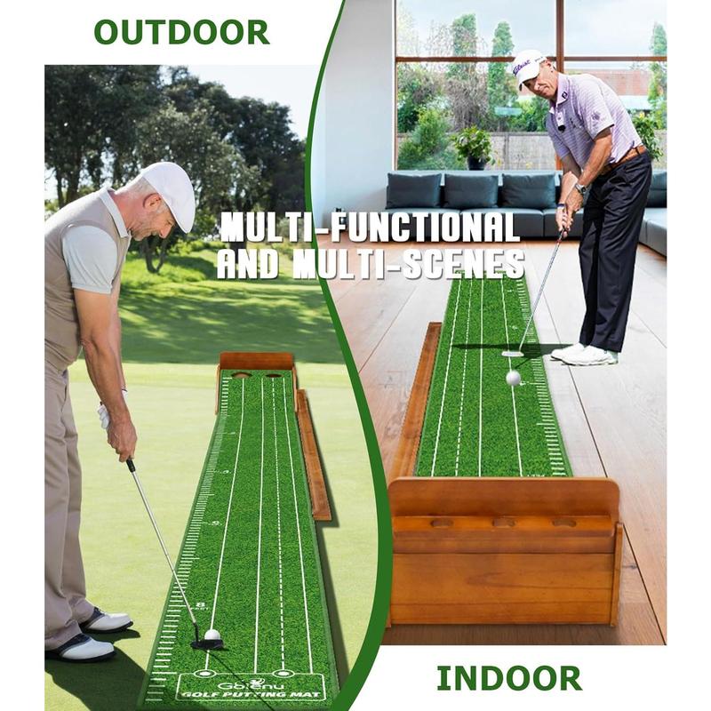 Indoor Outdoor Golf Putting Mat with Durable Wooden Base & Automatic Ball Return, Luxurious Velvet Surface with Lay-Flat Technology - Perfect for Home or Office Practice.