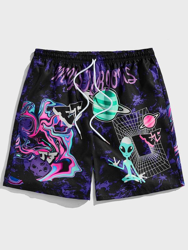 Graphic Print Workout Track Shorts Drawstring Waist Summer Shorts with Pockets