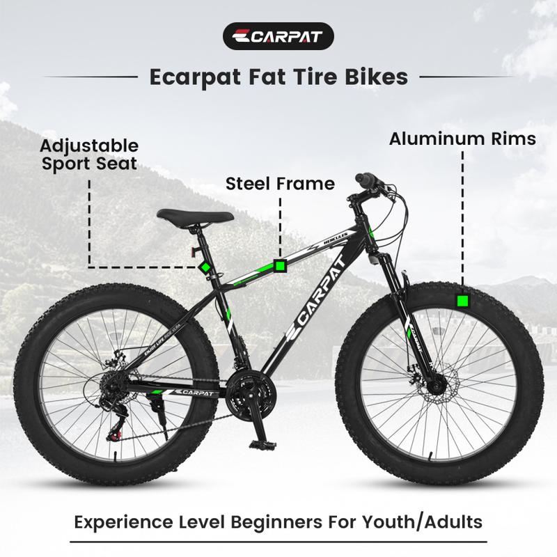 S26109  26 Inch Fat Tire Bike Adult Youth Full Shimano 21 Speed Mountain Bike, Dual Disc Brake, High-Carbon Steel Frame, Front Suspension, Mountain Trail Bike, Urban Commuter City Bicycle bike