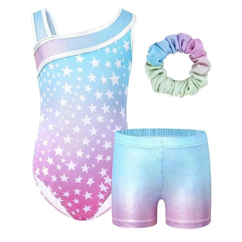 JiAmy Girls Gymnastics Leotards, Glitter Ballet Dance Unitards Biketards Activewear with Short & Hairband for Kids 3-12 Years