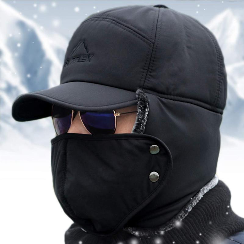 Men's Winter 3 in 1 Thermal Fur Lined Trapper Hat with Ear Flap Full Face Warmer Cover Windproof Cycling Motorcycle Headwear with Removable Mask