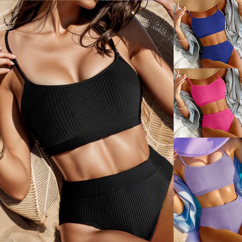 Female Swimming Suit Screw Thread Bikini Set 2 Pieces Sport Beach Suit  Women Sport Bra with Triangle Shorts