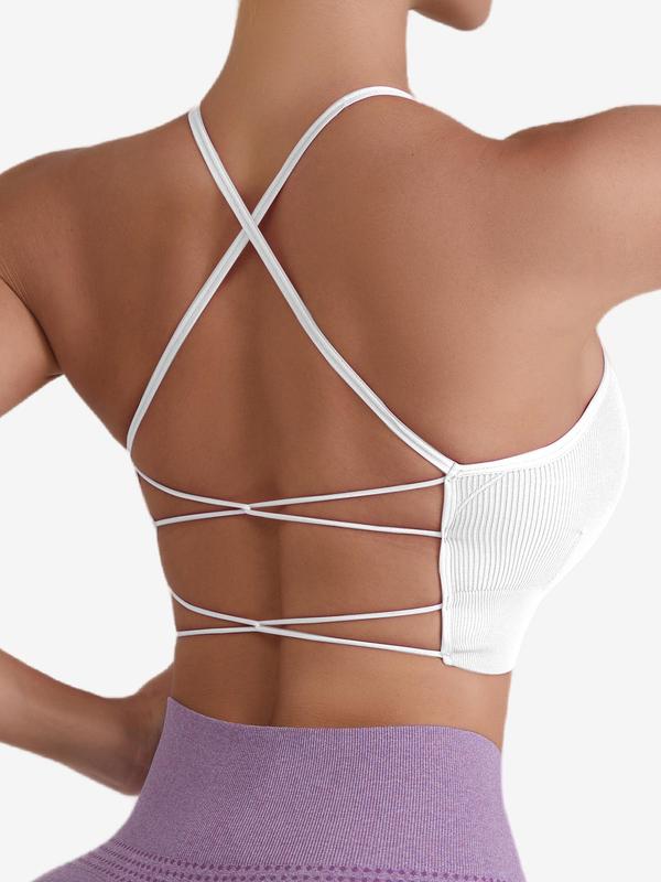 Women's Solid Criss Cross Backless Sports Bra, Breathable Comfortable Ribbed Wireless Sports Bralette, Ladies Sportswear for Indoor Outdoor Wear, Workout Sets for Women, Summer Outfits 2024, Gym Clothes, Bras for Women