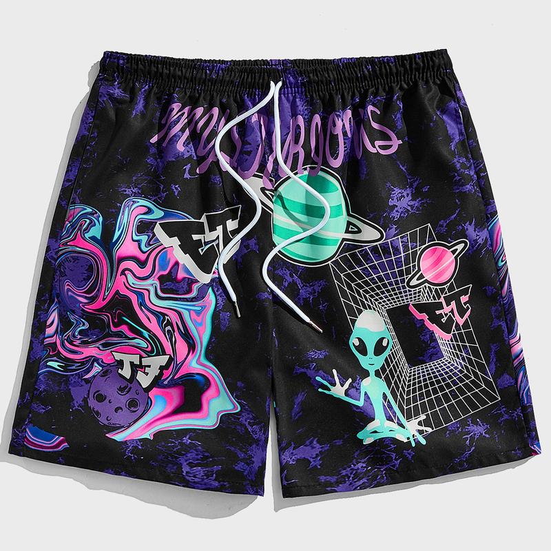 Graphic Print Workout Track Shorts Drawstring Waist Summer Shorts with Pockets