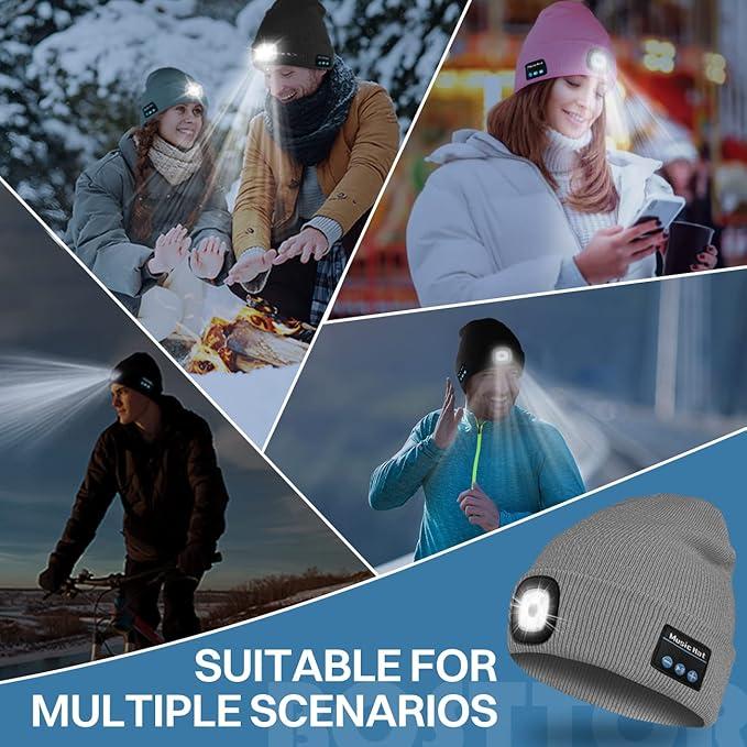 Bluetooth Beanie Hat with Light, Headlamp Cap with Headphones and Built-in Speaker Mic, Gifts for Men Women