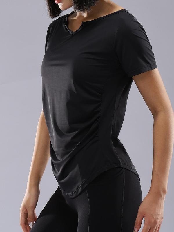 Women's Plain Ruched Notched Neck Sports Tee, Casual Short Sleeve T-shirt for Yoga Gym Workout Running, Ladies Sportswear Clothing for Summer