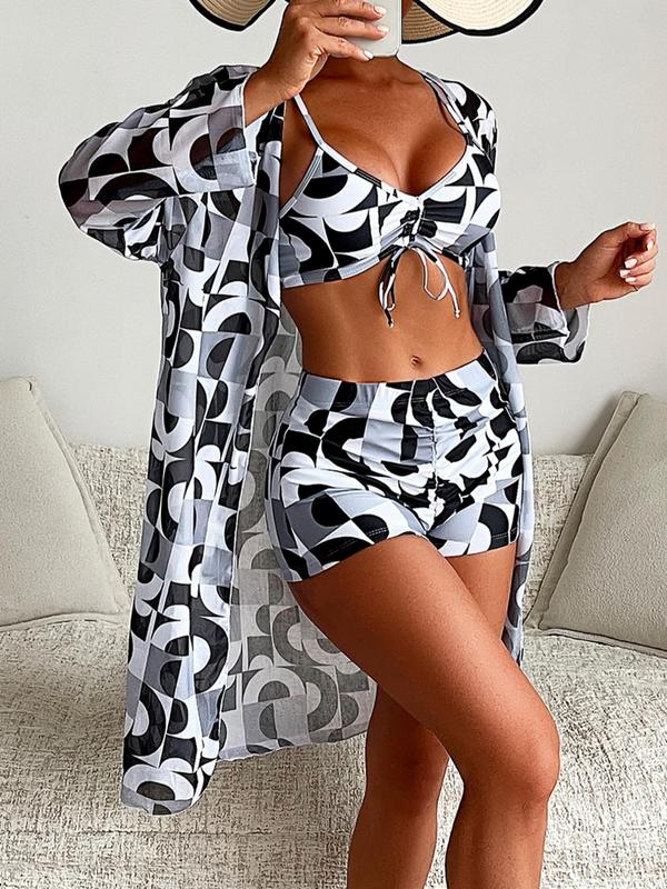 Three-Piece Set Women's Geometric Print Bikini Set, Casual Drawstring Swim Top & Ruched Swim Shorts & Chiffon Cover Up Set, Ladies Swimsuit for Beach Holiday Vacation