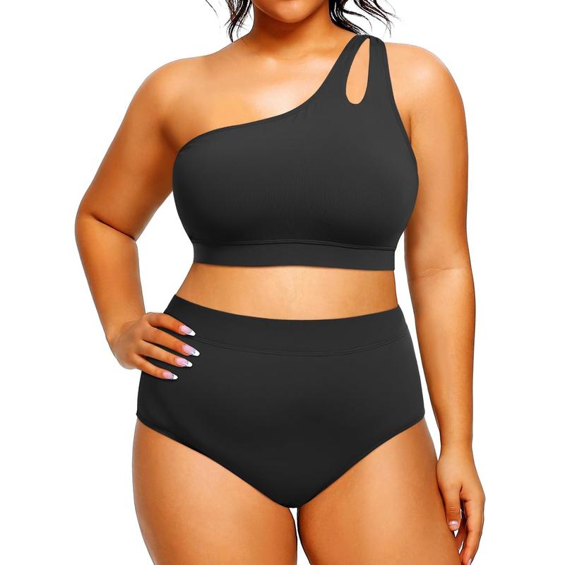 Tempt Me Womens Plus Size High Waisted Bikini Two Piece One Shoulder Swimsuit Keyhole Bathing Suits