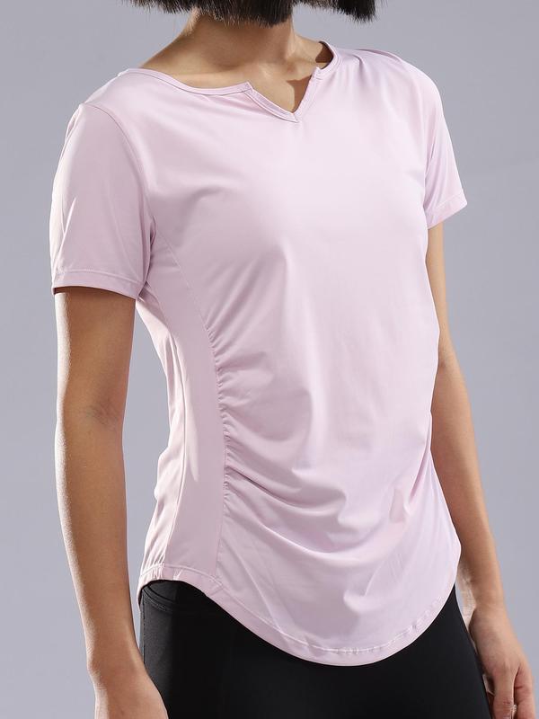 Women's Plain Ruched Notched Neck Sports Tee, Casual Short Sleeve T-shirt for Yoga Gym Workout Running, Ladies Sportswear Clothing for Summer