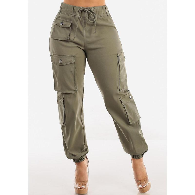 Drawstring Waist Hyper Stretch Cargo Jogger Pants Olive