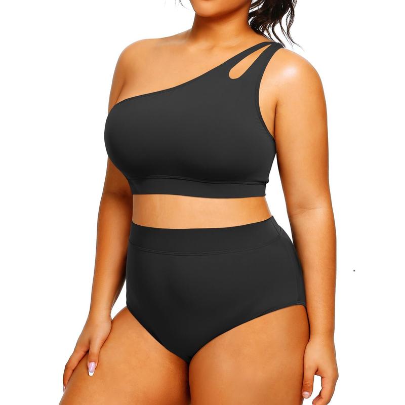 Tempt Me Womens Plus Size High Waisted Bikini Two Piece One Shoulder Swimsuit Keyhole Bathing Suits