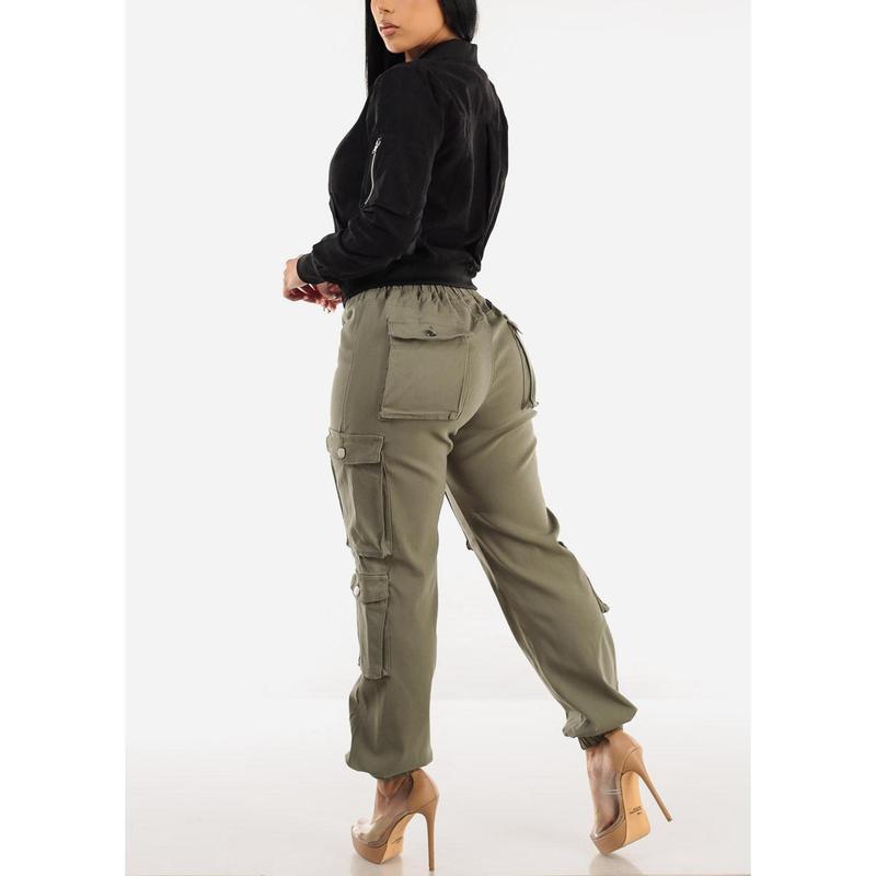 Drawstring Waist Hyper Stretch Cargo Jogger Pants Olive