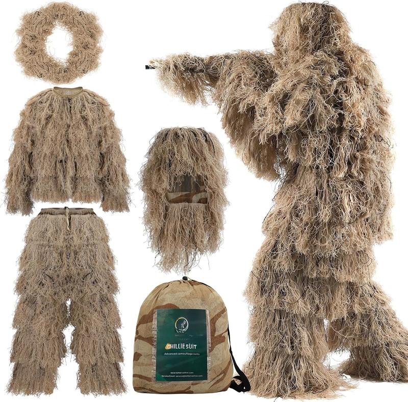 Ghillie Suit, 5 in 1 3D Camouflage Hunting Apparel for Men, Double-Stitched Design | Woodland Camo, Adults Youth Gilly Suit for Jungle Hunting Wildlife Photography Halloween