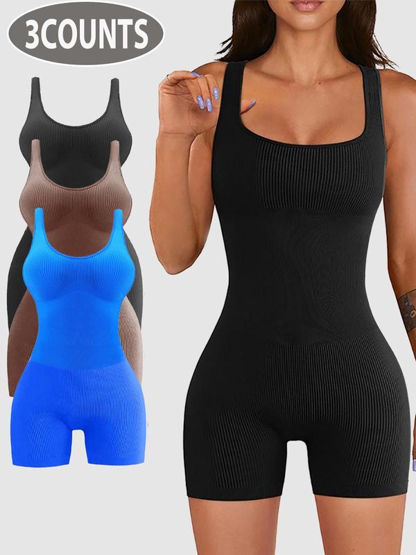 Sporty Women's Scoop Neck Sports Tank Romper, Sport Ribbed Skinny Romper, Ladies Sportswear for Indoor Outdoor Wear