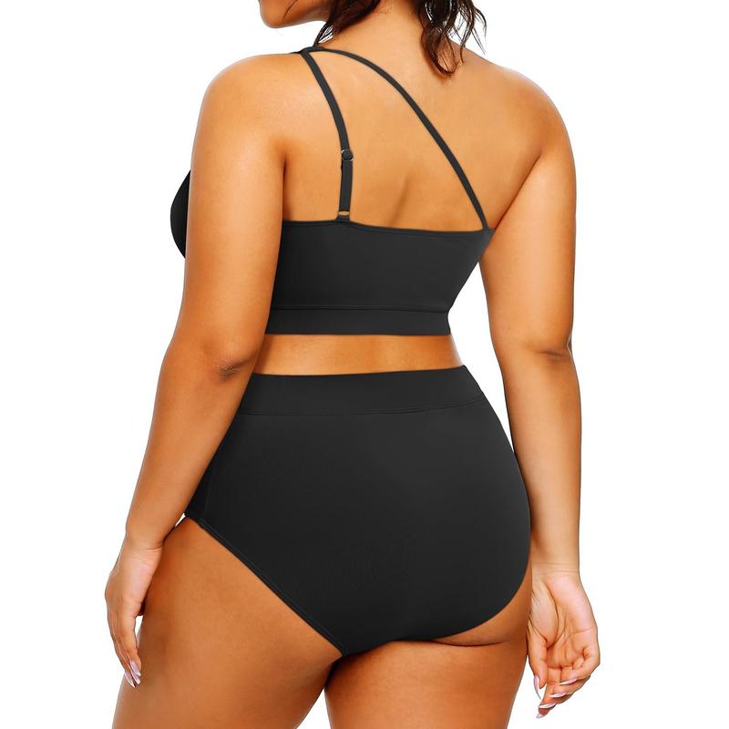 Tempt Me Womens Plus Size High Waisted Bikini Two Piece One Shoulder Swimsuit Keyhole Bathing Suits