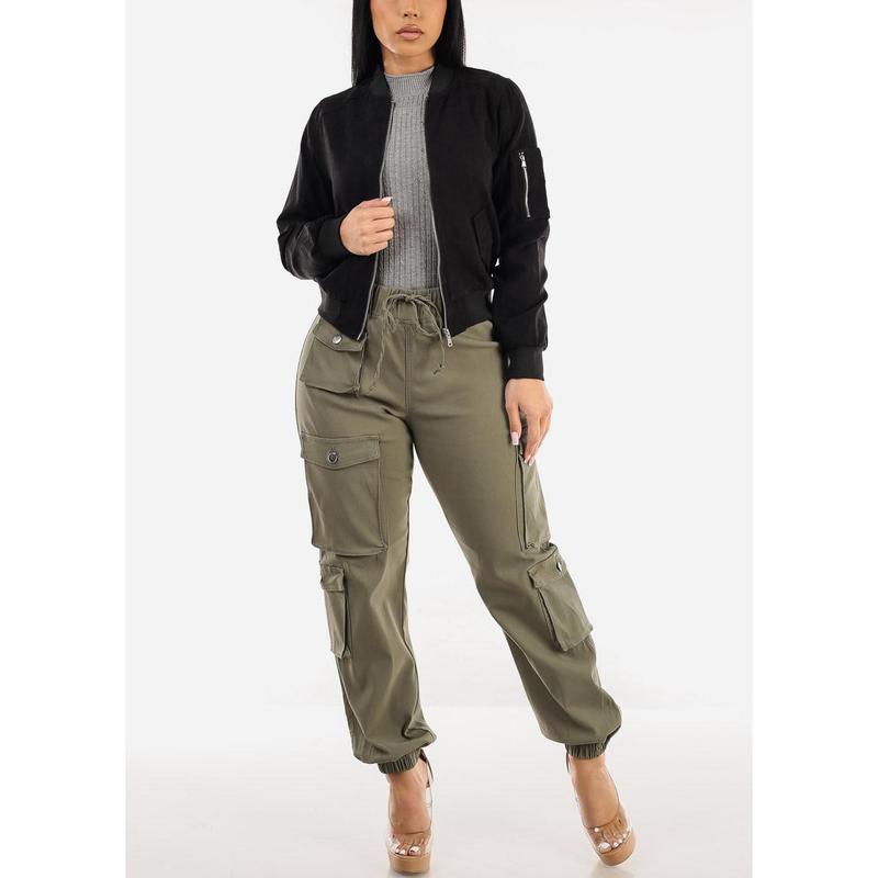 Drawstring Waist Hyper Stretch Cargo Jogger Pants Olive