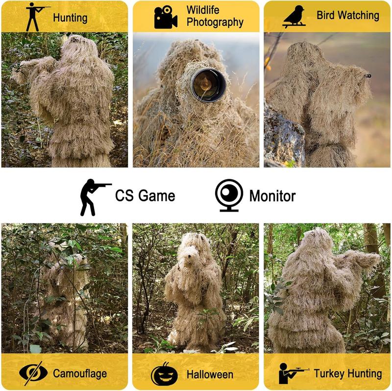 Ghillie Suit, 5 in 1 3D Camouflage Hunting Apparel for Men, Double-Stitched Design | Woodland Camo, Adults Youth Gilly Suit for Jungle Hunting Wildlife Photography Halloween