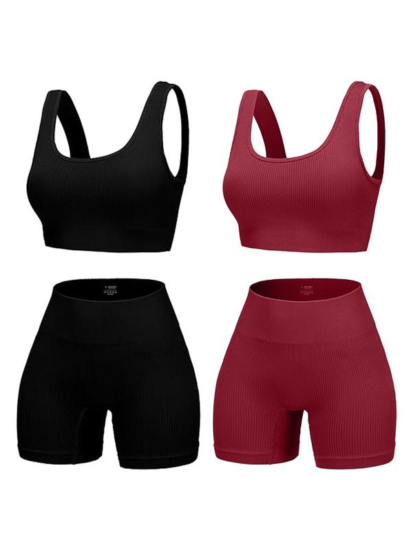 Women's Solid Color Backless Crop Tank Top & High Waist Shorts Sports Set, Scoop Neck Sleeveless Top & Skinny Shorts, Ladies Sportswear for Indoor Outdoor Wear