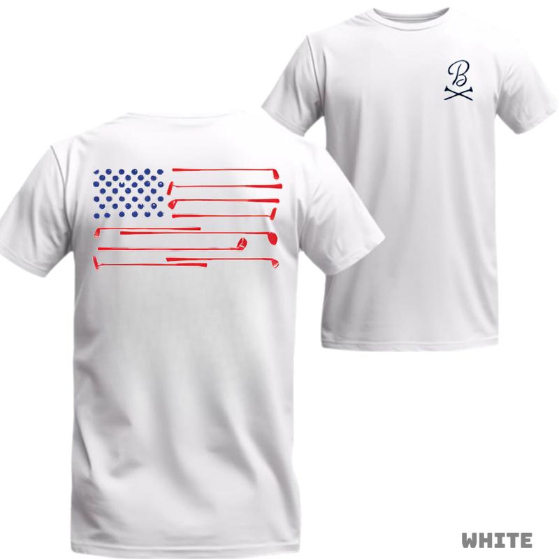 Barstool Golf T-Shirt - White unisex tee featuring a creative American flag design made from golf clubs, stylish sportswear ideal for golf enthusiasts in any activity.