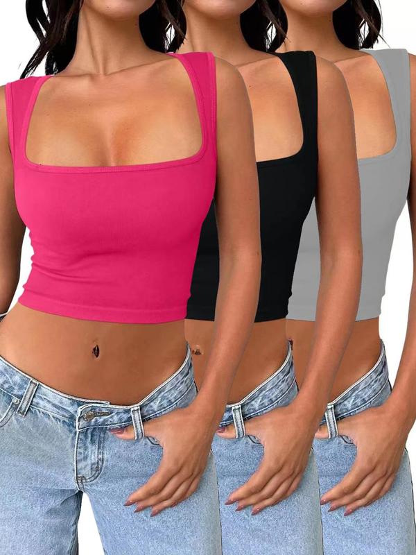 Women's Basic Solid Square Neck Sports Crop Tank Top, Sporty Sleeveless Top for Yoga Gym Workout, Women Sport & Outdoor Clothing, Back To School Set Tank Tops For Men