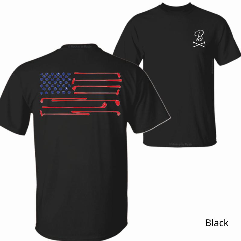 Barstool Golf T-Shirt - White unisex tee featuring a creative American flag design made from golf clubs, stylish sportswear ideal for golf enthusiasts in any activity.