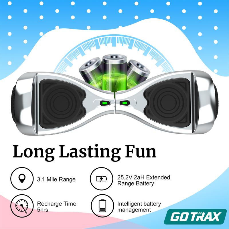 Gotrax Bluetooth Hoverboard with Chrome Finish – 6.2mph, Lightweight Design, for Ages 8+ and 176lb Weight Capacity