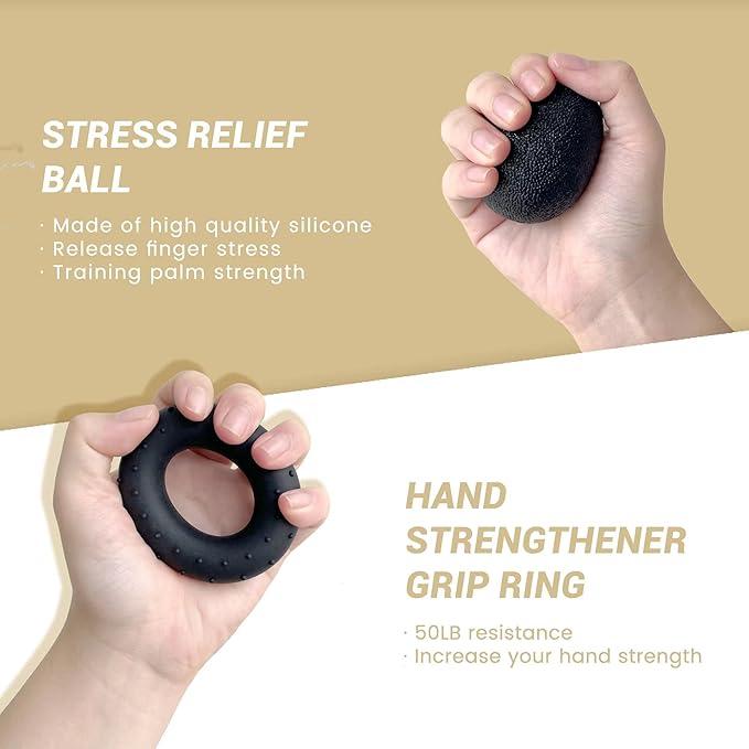 Grip Strength Trainer Kit (5 Pack) for Men and Women - Hand Squeezer, Finger Exerciser, Ring, Ball and Ring Relief - Black