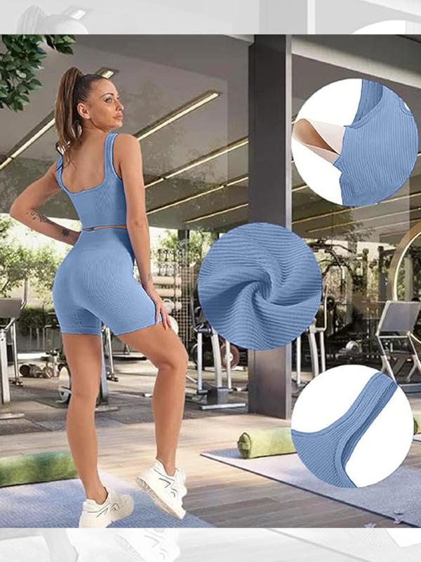 Women's Solid Color Backless Crop Tank Top & High Waist Shorts Sports Set, Scoop Neck Sleeveless Top & Skinny Shorts, Ladies Sportswear for Indoor Outdoor Wear