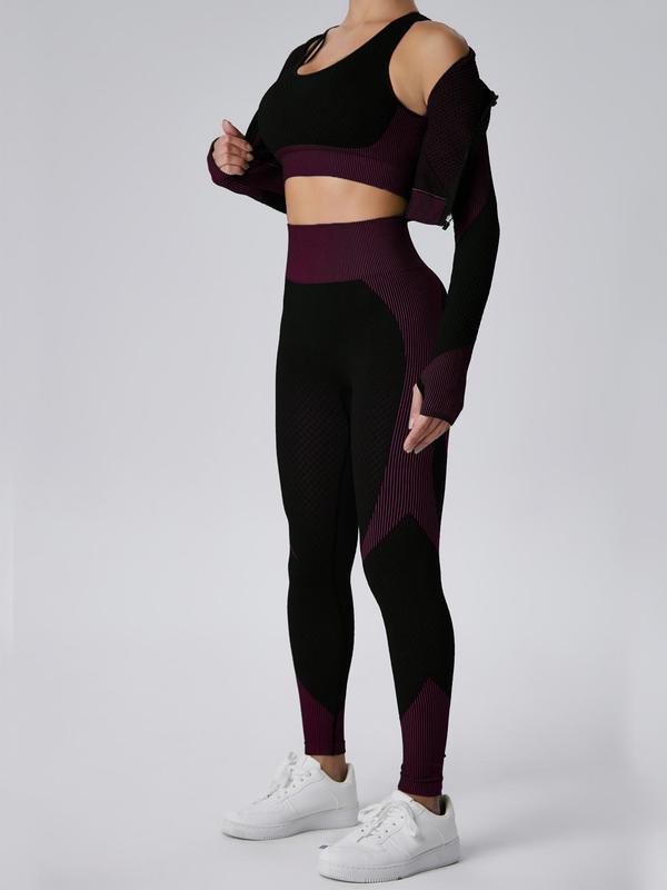 Plus Size Criss Cross Backless Cut Out Sports Bra & Leggings & Zipper Sports Jacket Set, High Neck Long Sleeve Top & Skinny Pants & Bra, Women's Sportswear Outfits for Yoga Gym