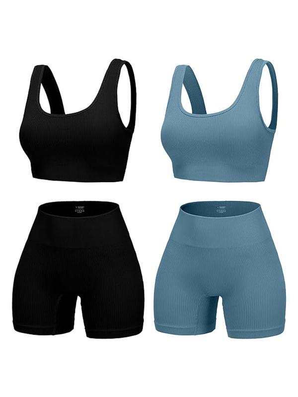 Women's Solid Color Backless Crop Tank Top & High Waist Shorts Sports Set, Scoop Neck Sleeveless Top & Skinny Shorts, Ladies Sportswear for Indoor Outdoor Wear