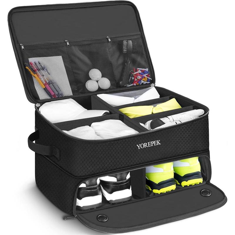 YORE 2 Layer Golf Trunk Organizer, Waterproof Car Golf Locker with Separate Ventilated Compartment for 2 Pair Shoes, Golf Trunk Storage for Balls, Tees, Clothes, Gloves, Accessories, Golf Gifts