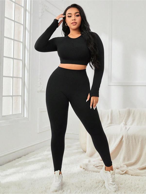 Plus Size Solid Tracksuit Set, Casual Round Neck Crop Top & High Waist Leggings, Women's Sportswear for Spring & Fall, Women Plus Size Sport & Outdoor Clothing, Gym Sets for Women, 2 Piece Sets Women, Workout Sets Women