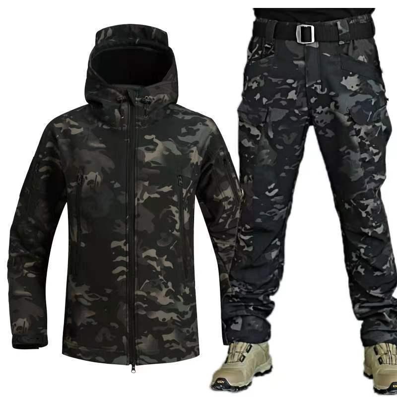 Men's Camo Sharkskin Jacket & Fleece-inedPants Set -Windproof, Waterproof, Warm Hooded Outfit for Hiking, Hunting & Outdoor Adventures