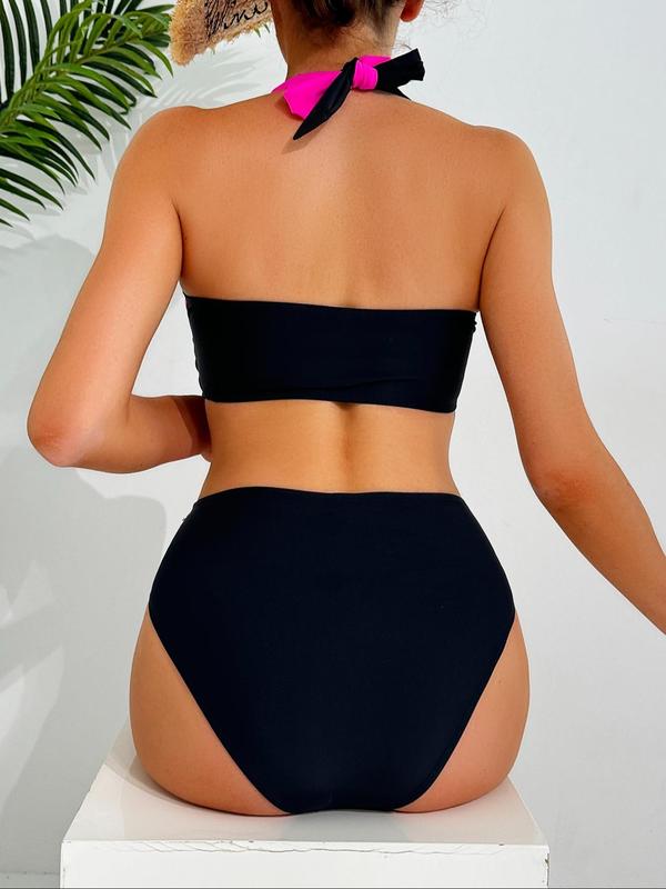 Two-Piece Set Women's Colorblock Criss Cross Halter Bikini Set, Casual Wrap Swim Top & Swim Bottom Two-piece Swimsuit for Beach Holiday Vacation, Ladies Swimwear for All Seasons