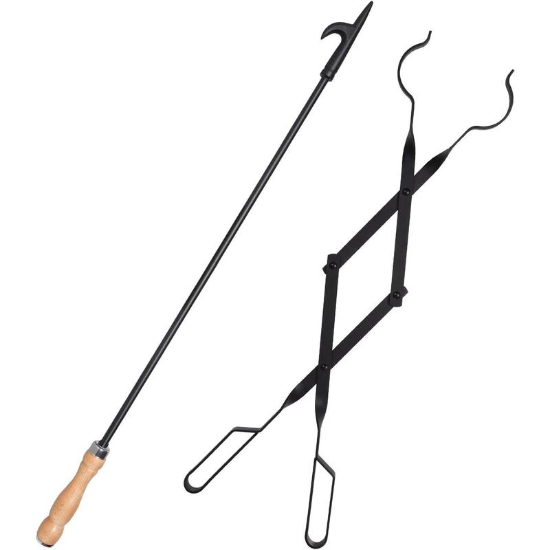 Heavy Duty 32” Long Fireplace Fire Pit Campfire Poker Stick and 26” Fireplace Tongs Tool Sets, Log Grabber, Rust Resistant Black Finish Camping Fireplace Tools for Indoor Outdoor