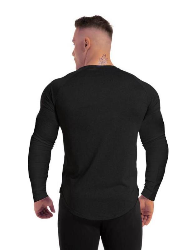 Men's Solid Round Neck Raglan Sleeve Sports Tee, Fall Outfits, Fallfreshness Quick Drying Breathable Long Sleeve T-shirt for Gym Workout Running, Men's Sportswear for Fall & Winter, Athletic Clothes