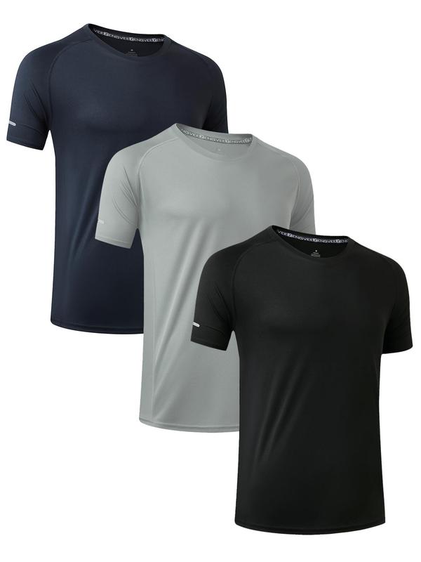 Men's Plain Round Neck Sports Tee, Sporty Quick Drying Breathable Short Sleeve T-shirt, Fall Outfits 2024, Back to School Outfits, Workout Tops, Gym Tops, Men's Sportswear, Gym Clothing