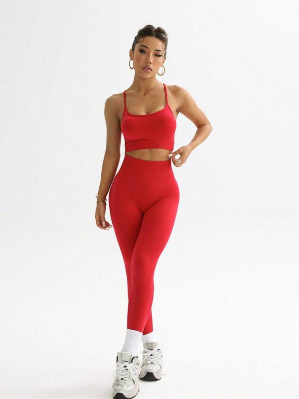 Sporty Women's Plain Criss Cross Backless Crop Cami Top & High Waist Ruched Leggings Sportswear Set, Sport Breathable Comfy for Yoga Gym Workout Running, Ladies Summer Sportswear