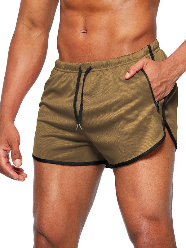 Men's Contrast Binding Drawstring Waist Track Shorts, Casual Zipper Design Pocket Elastic Waist Shorts for Summer, Breathable Men's Bottoms for Gym Workout Running, Summer Outfits 2024