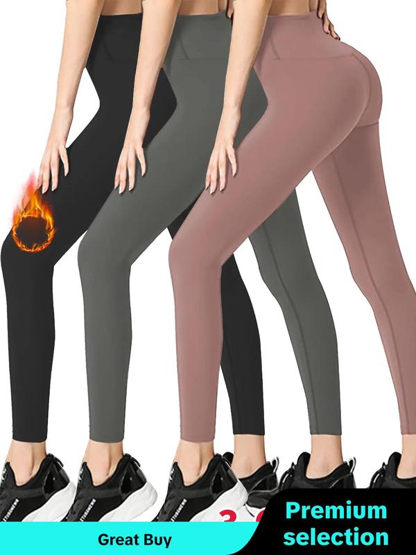 Women's Solid High Waist Thermal Lined Sports Leggings, Casual Comfy Warm Tummy Control Skinny Pants for Yoga Gym Workout Running, Ladies Sportswear for Fall & Winter, Gym Clothing, Leggings for Women, Fall Clothing Women