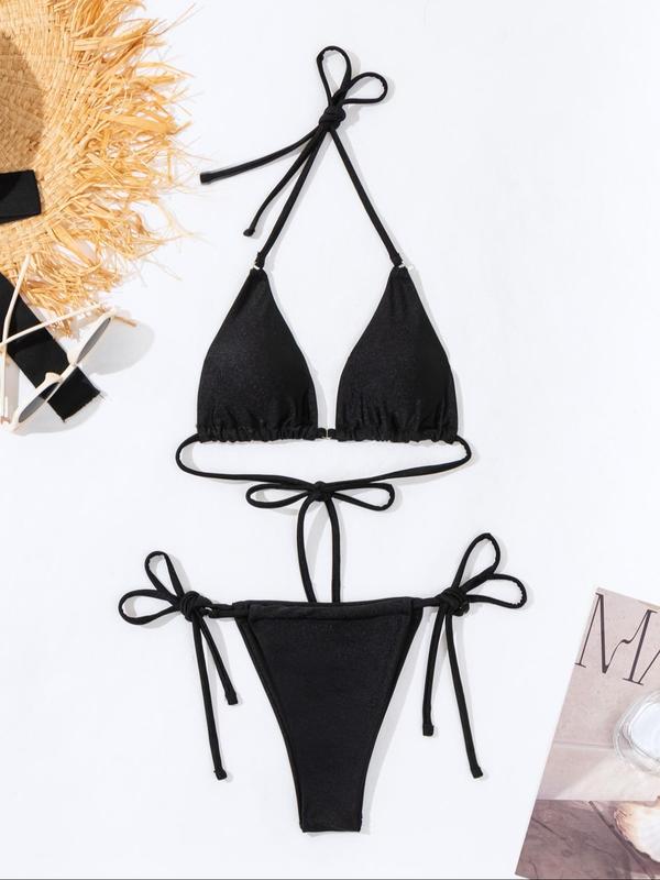 Mix & Match Sizing Solid Bikini Top bottoms Bikini Set for Summer 2024, Summer Outfits, Casual Halter Neck Backless Triangle Swim Top, Tie Side Swim Thong, Bathing Suits for Women, Swimsuit Sets, Women's Swimwear for Beach Holiday