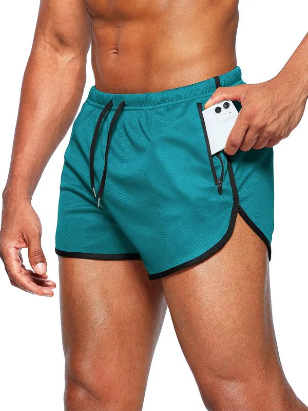 Men's Contrast Binding Drawstring Waist Track Shorts, Casual Zipper Design Pocket Elastic Waist Shorts for Summer, Breathable Men's Bottoms for Gym Workout Running, Summer Outfits 2024