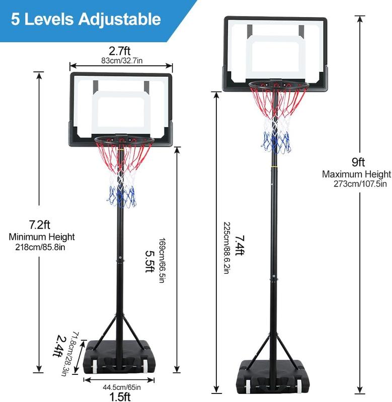 Portable Basketball Hoop, 5.5-7.4FT Adjustable Height Basketball Goal System, Shatterproof Backboard Fillable Base with Wheels for Kids Youth and Adults in The Backyard, Driveway Indoor Outdoor