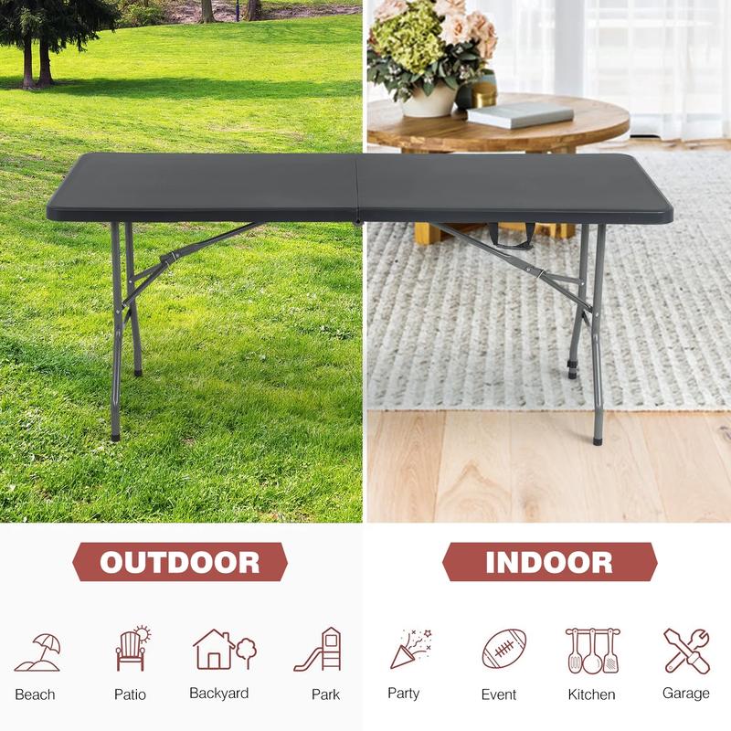 6ft Folding Table Portable Plastic Indoor Outdoor Camping Dining Table with Carrying Handle