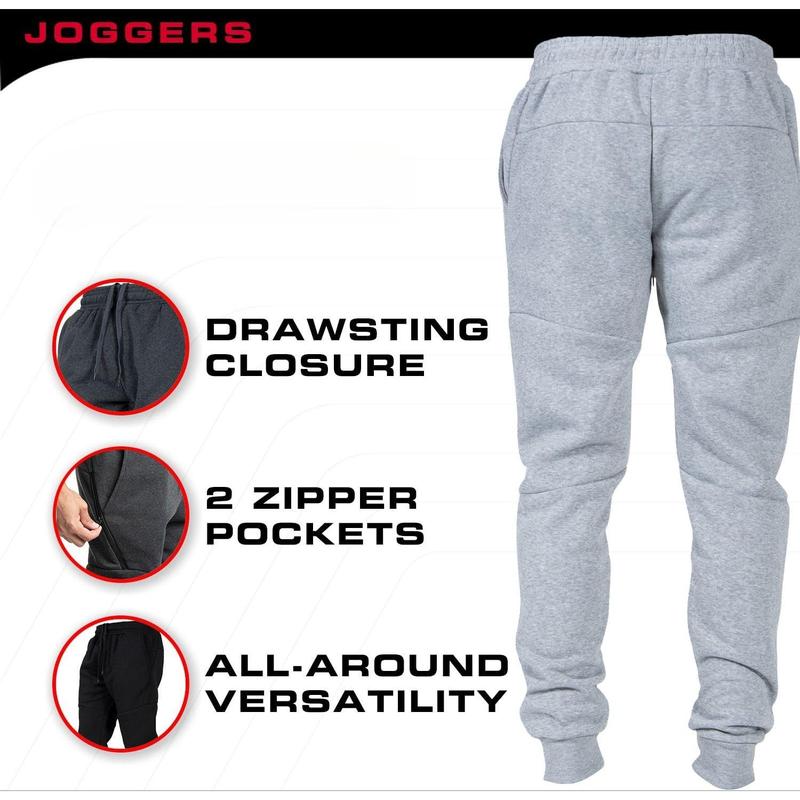 Performance 3 Pack Fleece Active Tech Joggers for Men, Mens Sweatpants with Zipper Pockets