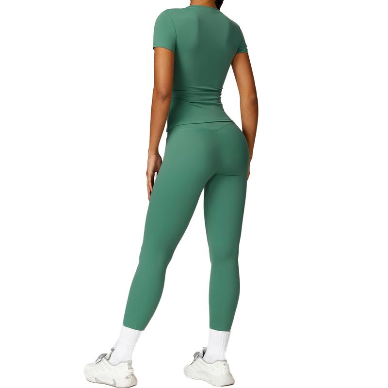 Women's Breathable Nylon Short Sleeve Crop Top and Skinny Leggings Tracksuit Set for Yoga Gymwear Workout in All Seasons