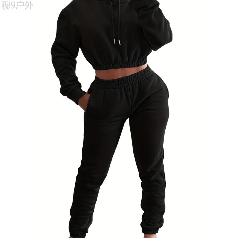 2pcs Stylish Fleece Lined Elastic Hem Sports Suit - Women's Activewear, Long Sleeves Drawstring Hooded Top & Jogging Pant Set, Comfortable Sporty Outfit for Fitness, Running, and Casual Wear