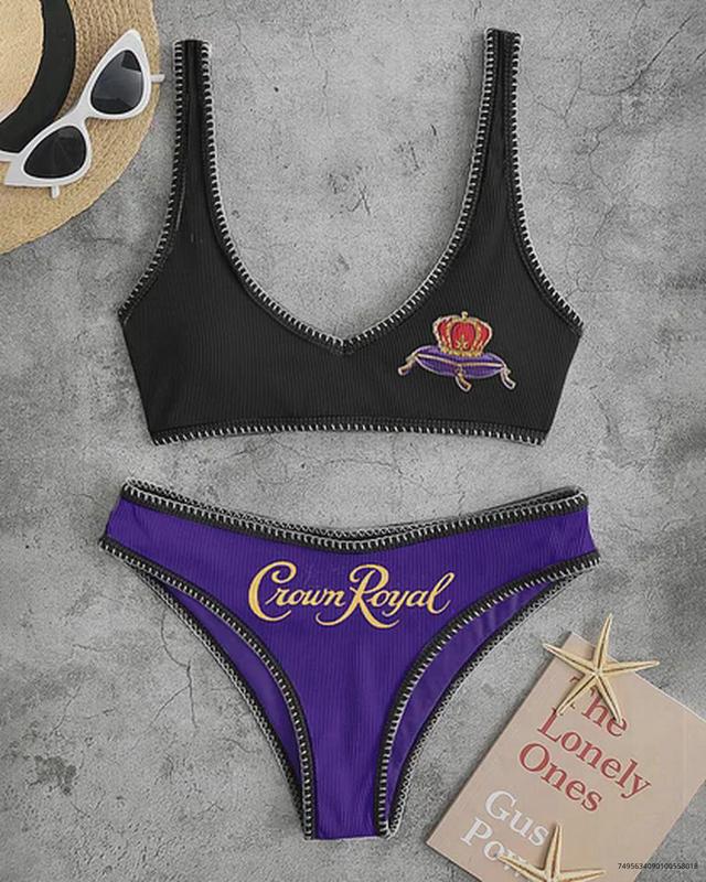 Crown Royal Contrasting Letter Print Casual Purple Bikini Sets Beach Bikini Drink Bikini Beer